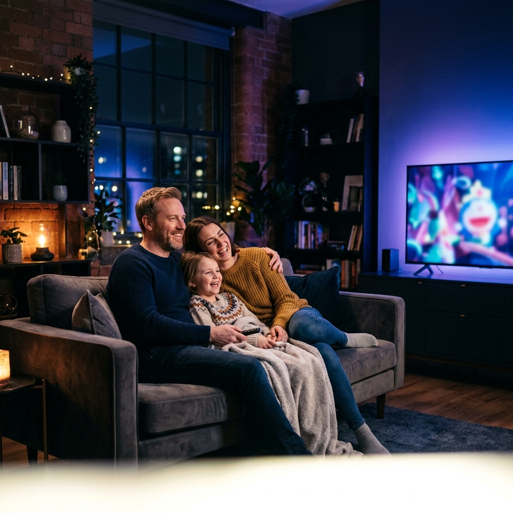 Family watching ZusOTT on TV